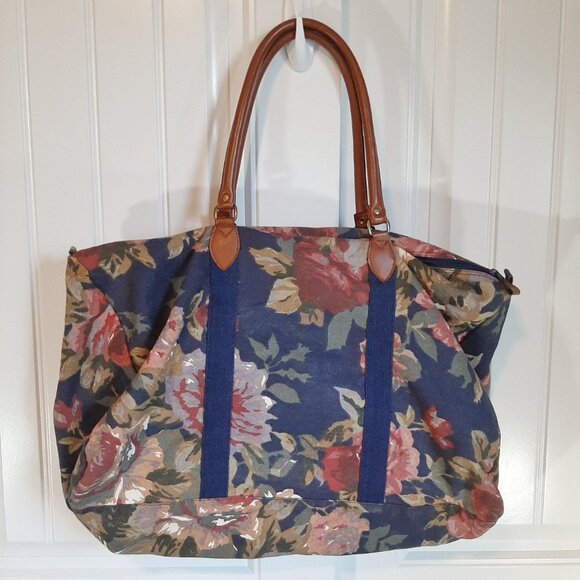 VTG Gitano 80's/90's Navy Floral Cotton Canvas Duffle Weekender Bag - Picture 5 of 16